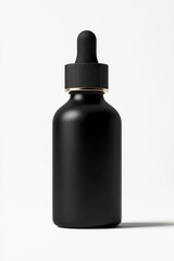 Glass Dropper Bottle - Luxury Matte Black Design for Liquid Container. Front View Isolated on White Background