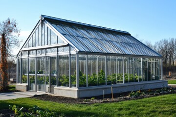 Fototapeta premium Glass Greenhouse. Cultivating Agriculture in Backyard Botanical Bloom