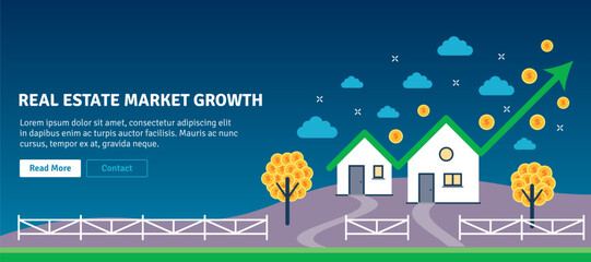 Illustration depicting rising property values with homes and an upward trend arrow, symbolizing real estate growth, investment opportunities, and economic development.