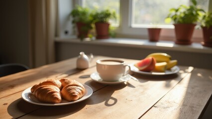 Cozy Breakfast Scene with Fresh Fruit and Pastries