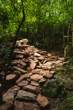 A rock-paved trail in the Linville Gorge wilderness, North Carolina