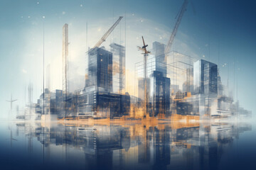Future of buildings construction engineering the devotion project with double exposure to civil engineering design. Future modern construction project