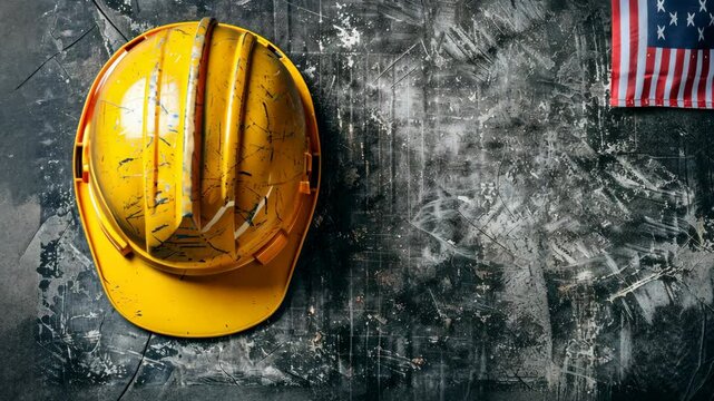 A yellow hard hat lies on a worn, gray surface, with the corner of an American flag visible in the background