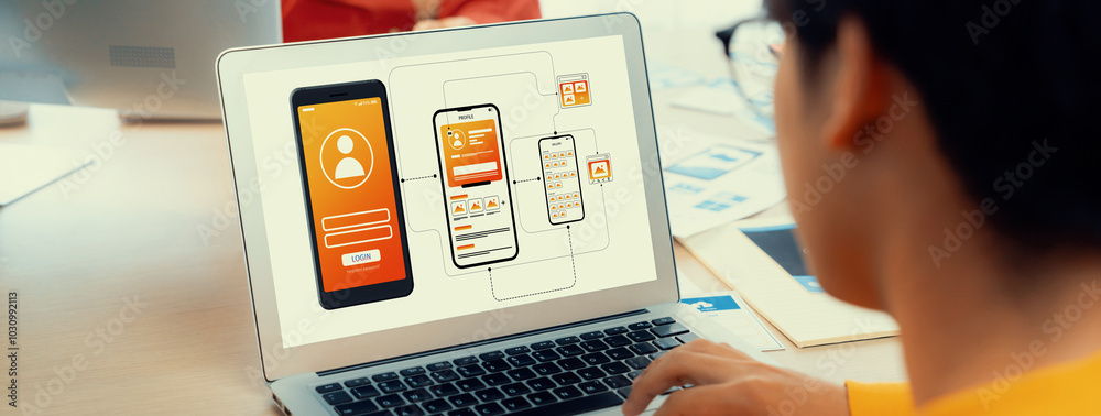 Poster panorama banner of startup ux developer or company employee design user interface or ui prototype fo