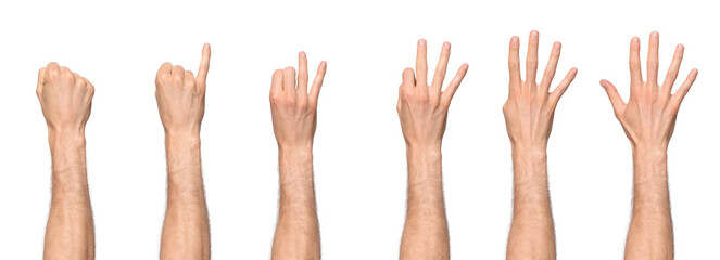 Man's hand counting from zero to five, starting with the pinky finger, with the back of the hand facing us. Isolated on a transparent background, PNG file