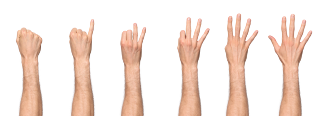 Man's hand counting from zero to five, starting with the pinky finger, with the back of the hand facing us. Isolated on a transparent background, PNG file