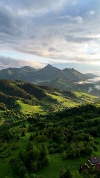 Aerial drone view of Zazriva ,slovakia. Small village located in a valley near mountains covered with lush forest and meadows