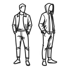silhouettes of a man wearing hoodie, casual hand drawn sketch