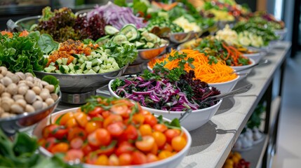 A rainbow of chopped vegetables, including bell peppers, carrots, and zucchini, neatly arranged on a white table. Fresh and healthy