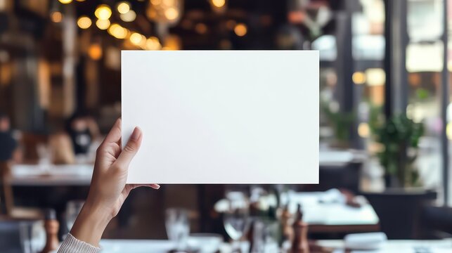 A woman's hand holding a blank white card in a restaurant.