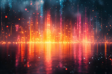 Obraz premium A vibrant digital landscape featuring colorful light rays reflected on water, creating a mesmerizing atmospheric effect.