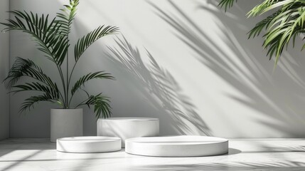 Obraz premium Abstract 3D white room, cylinder pedestal, palm leaf shadows, minimalist and elegant product display