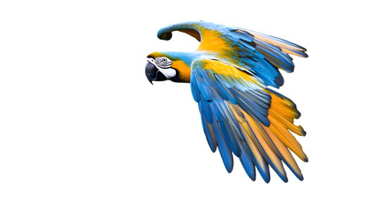 Fototapeta premium Blue-and-yellow Macaw Bird, Flying, on Transparent Background PNG, Wallpaper, Cover and Smartphone Screen, PC, Laptop, Graphic, Transparent PNG