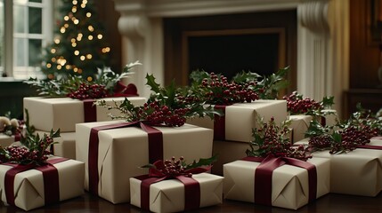 Obraz premium Wrapped gifts in rich burgundy ribbons are beautifully displayed with greenery and berries, creating a festive atmosphere perfect for the Christmas season
