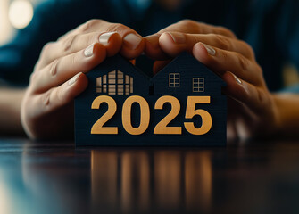 Hands Holding Wooden Blocks Home with 2025 for New Year Celebration and Planning Concept with Focus...