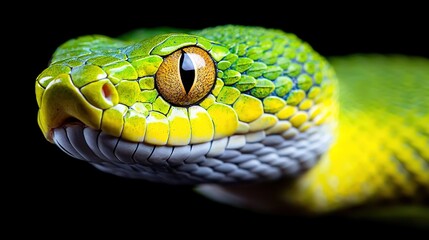 Obraz premium Close-up image of a green snake's head with yellow and white stripes on its side