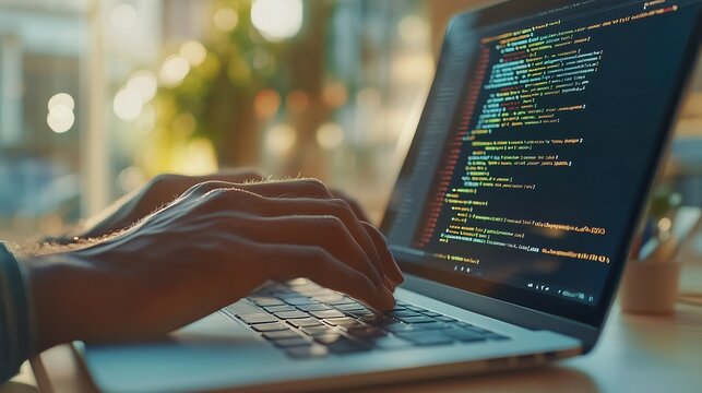 Hands working on a laptop with colorful code on the screen in a modern, softly lit office during sunset.