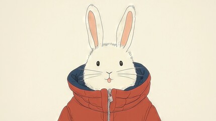   A paper cutout of a rabbit in a red jacket and blue hoodie on its face