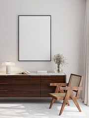 Frame mockup, ISO A paper size. Living room wall poster mockup. Interior mockup with house background. Modern interior design. 3D render
