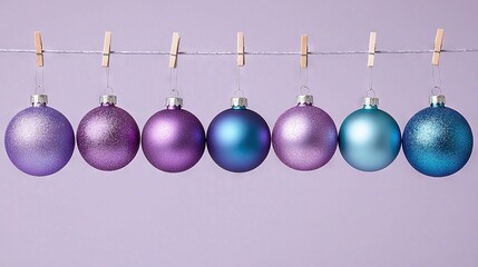   A row of purple and blue ornaments dangles from a clothesline with clothes pins, set against a purple background