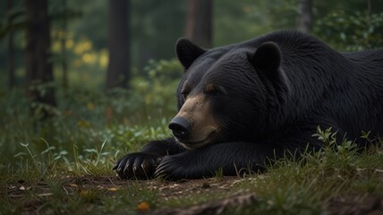 Fototapeta premium A black bear lies on the forest floor with its head resting on its paws.