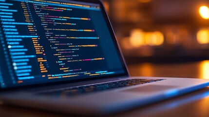 A laptop displaying software code, highlighting colorful syntax, set in a dimly lit, focused workspace.