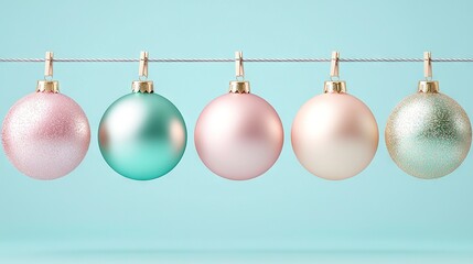  Colorful Christmas ornaments hang on a clothesline against a blue background, with Up Text written above