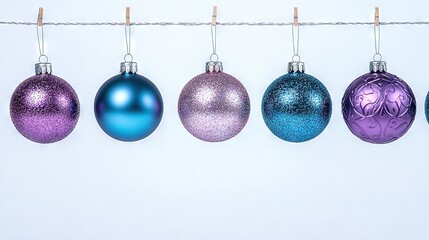   A row of shiny Christmas ornaments hangs from a clothesline in front of a plain white background, shimmering with festive cheer