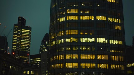Fototapeta premium Illuminated Office Towers in a Cityscape at Night