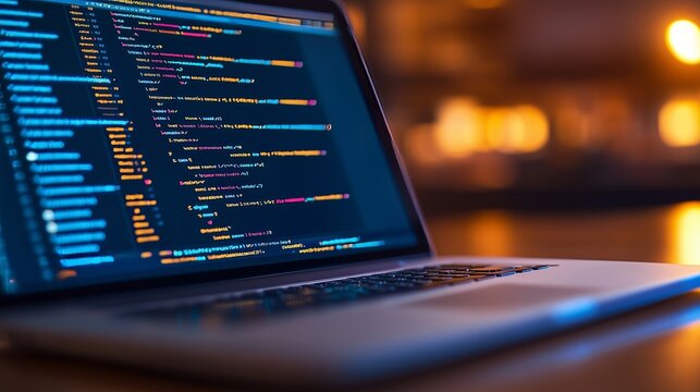 A laptop displaying software code, highlighting colorful syntax, set in a dimly lit, focused workspace.