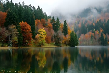 Fototapeta premium Misty autumn forest reflected in a calm lake