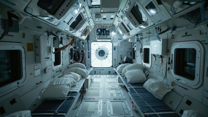 Interior of a modern space station capsule with sleeping quarters and equipment