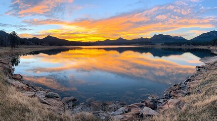   A vast expanse of water encircled by verdant land and towering peaks, bathed in golden rays during twilight