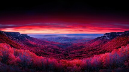   A panorama of a valley featuring crimson foliage in the foreground and a cloud-laden sky in the backdrop