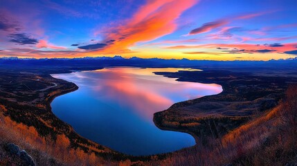 Fototapeta premium A lush green hillside surrounds a large body of water, with a purple and blue sky above and scattered clouds
