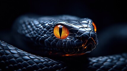   A focused image of a snake's head exhibits an intense orange eye, positioned at the center of the head