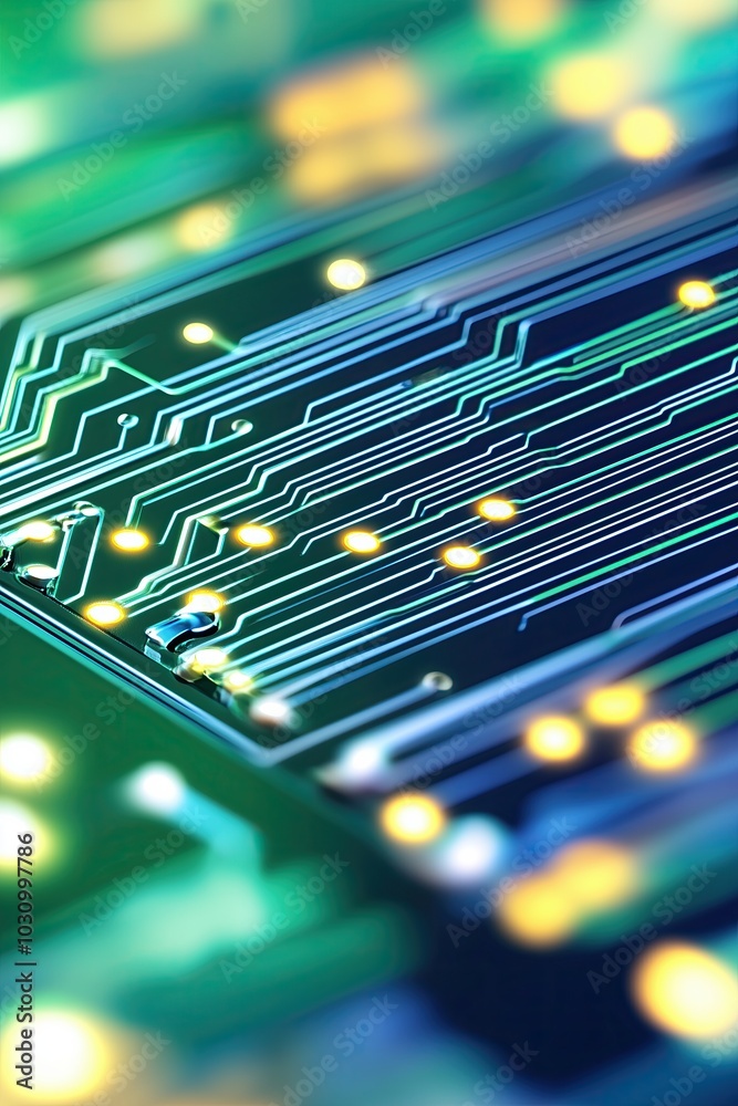 Poster intricate close-up of a green circuit board showcasing electronic components and glowing lights