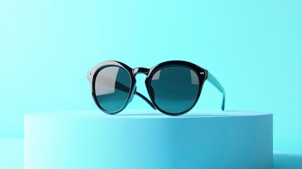 Black sunglasses on a blue podium against a blue background.