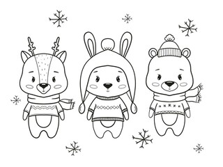 Cute animals in sweater and hat, scarf. Deer, hare, bunny, teddy bear Coloring Book, Coloring page. For kids; children. Winter, forest animal. Baby Coloring activities.Toy, game, printable