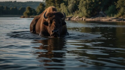 A large brown bison wading through a calm river with water up to its belly, looking at the camera.