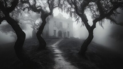 Eerie Foggy Landscape with Haunted House and Trees - Powered by Adobe