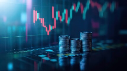 Stacked silver coins against a background of a stock market chart.