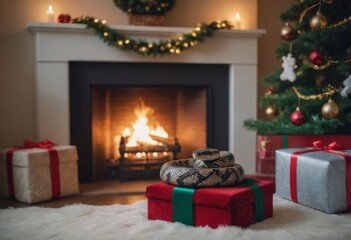 Fototapeta premium Christmas presents in front of fireplace at home in the living room.
