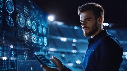 A young man in a blue shirt stands in front of a large screen displaying futuristic data, holding a tablet in his hand, looking thoughtfully towards the right side of the frame.
