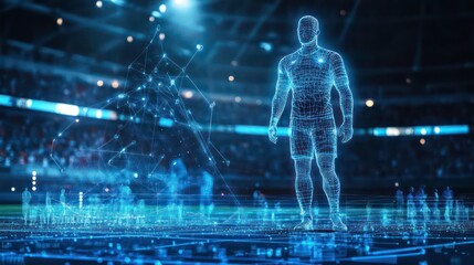 A digital human athlete stands in a stadium of blue lights, surrounded by a crowd of digital people.