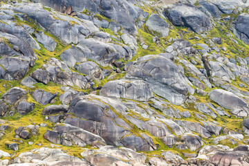 Abstract pattern on granite rock face on the side of a fjord in Prince Christian Sound in Greenland