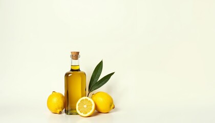 Fresh Lemon and Olive Oil Display with Green Leaves on a Light Background