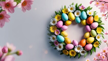 Colorful Easter Egg Wreath with Spring Flowers and Pastel Eggs