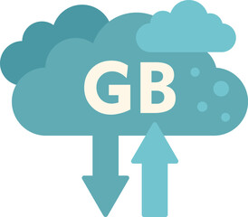 This icon represents the concept of cloud computing data storage, with arrows indicating uploading and downloading of gigabytes