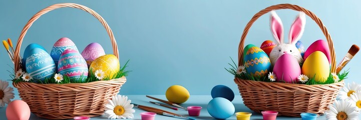 Easter Basket with Colorful Painted Eggs, Paint Brushes, and a Plush Bunny